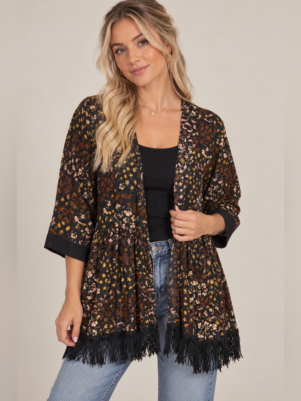 Maurices Women’s Small Black Floral Paisley Fringe Open Front Kimono Cardigan